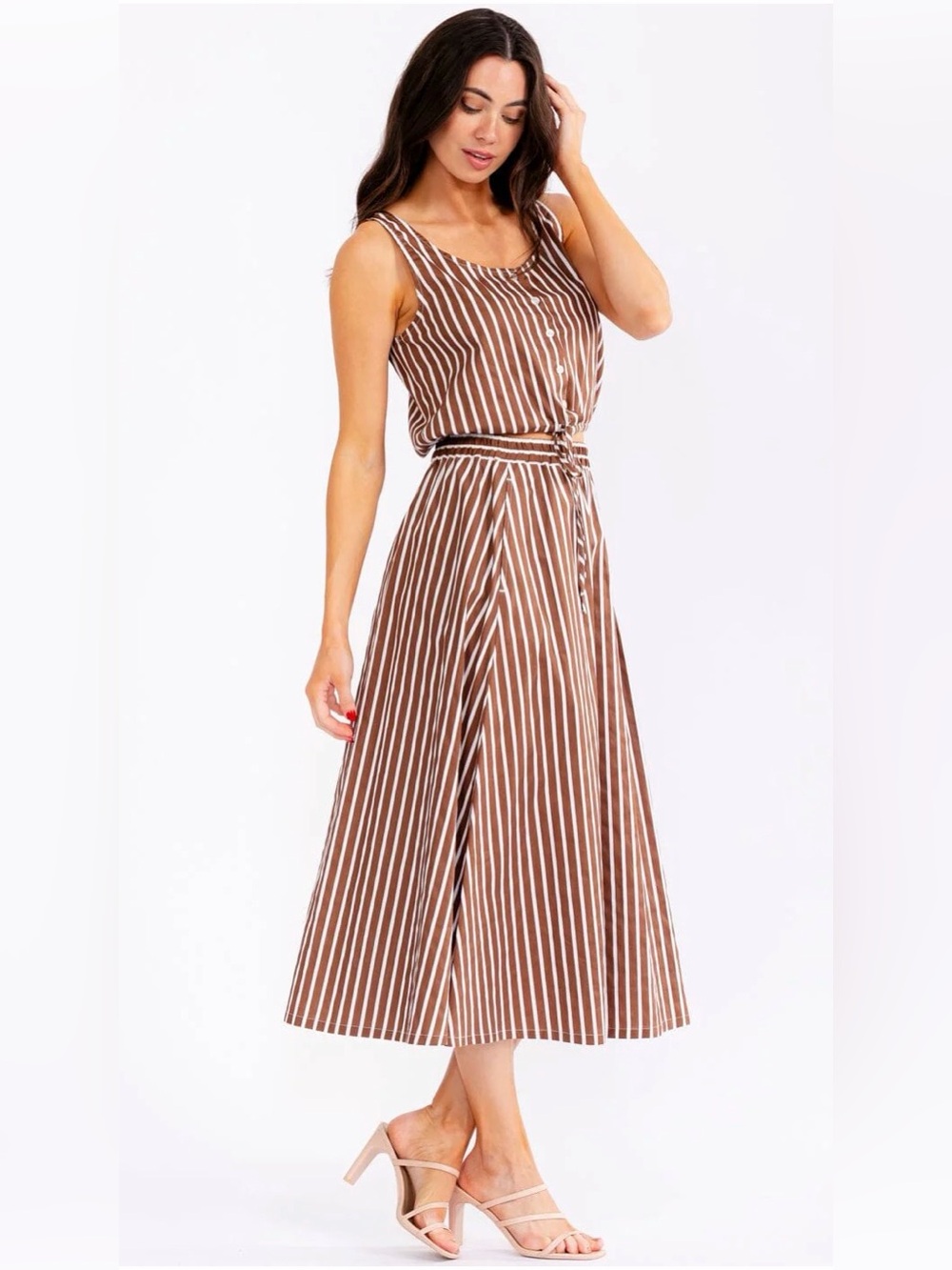 Striped Brown & White Sleeveless Skirt Set Size Large NWOT